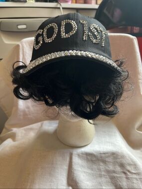 Black Rhinestone 'GOD 1ST” Embellished Cap